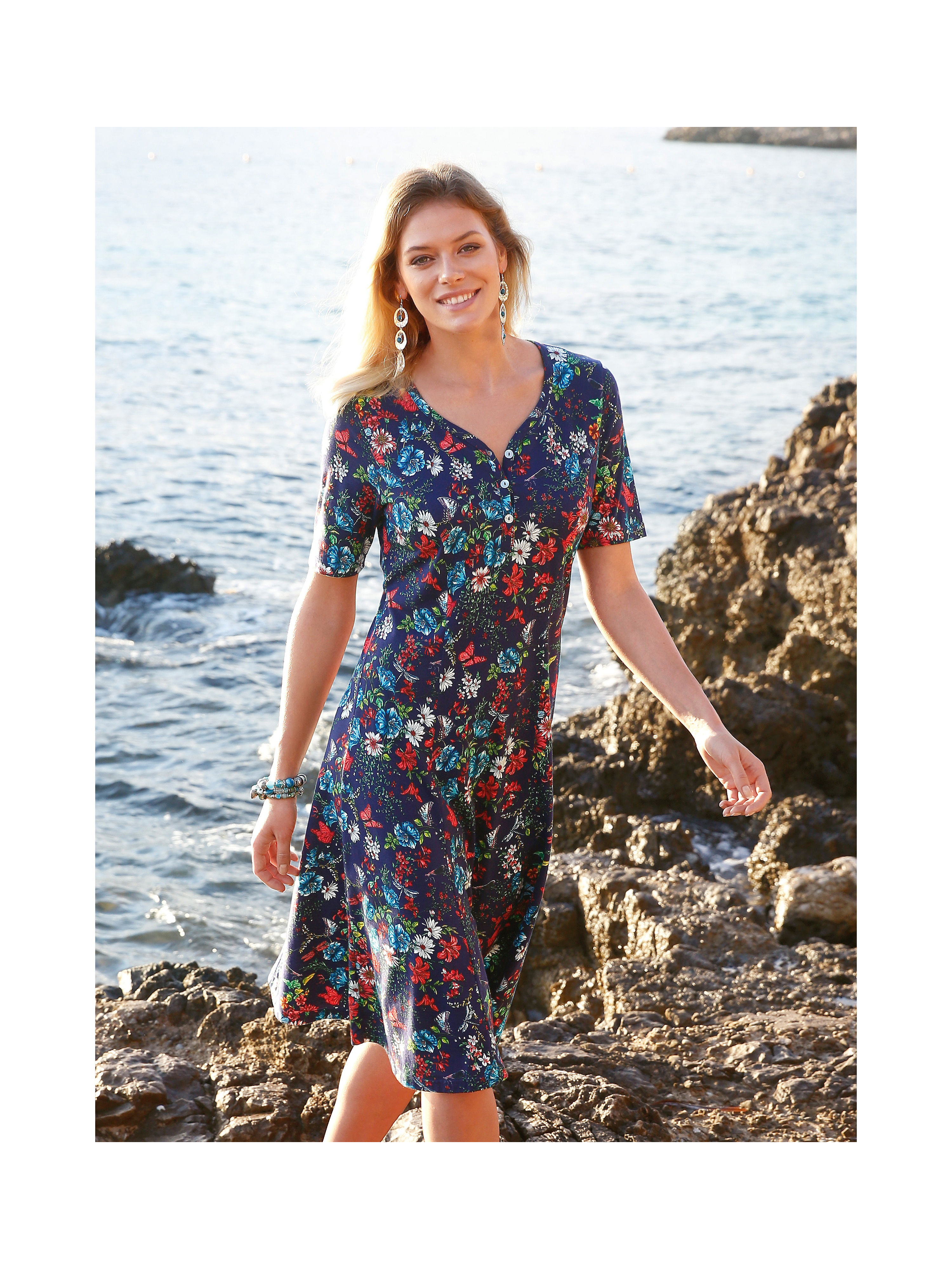 Image of Dress with 1/2-length sleeves Green Cotton blue