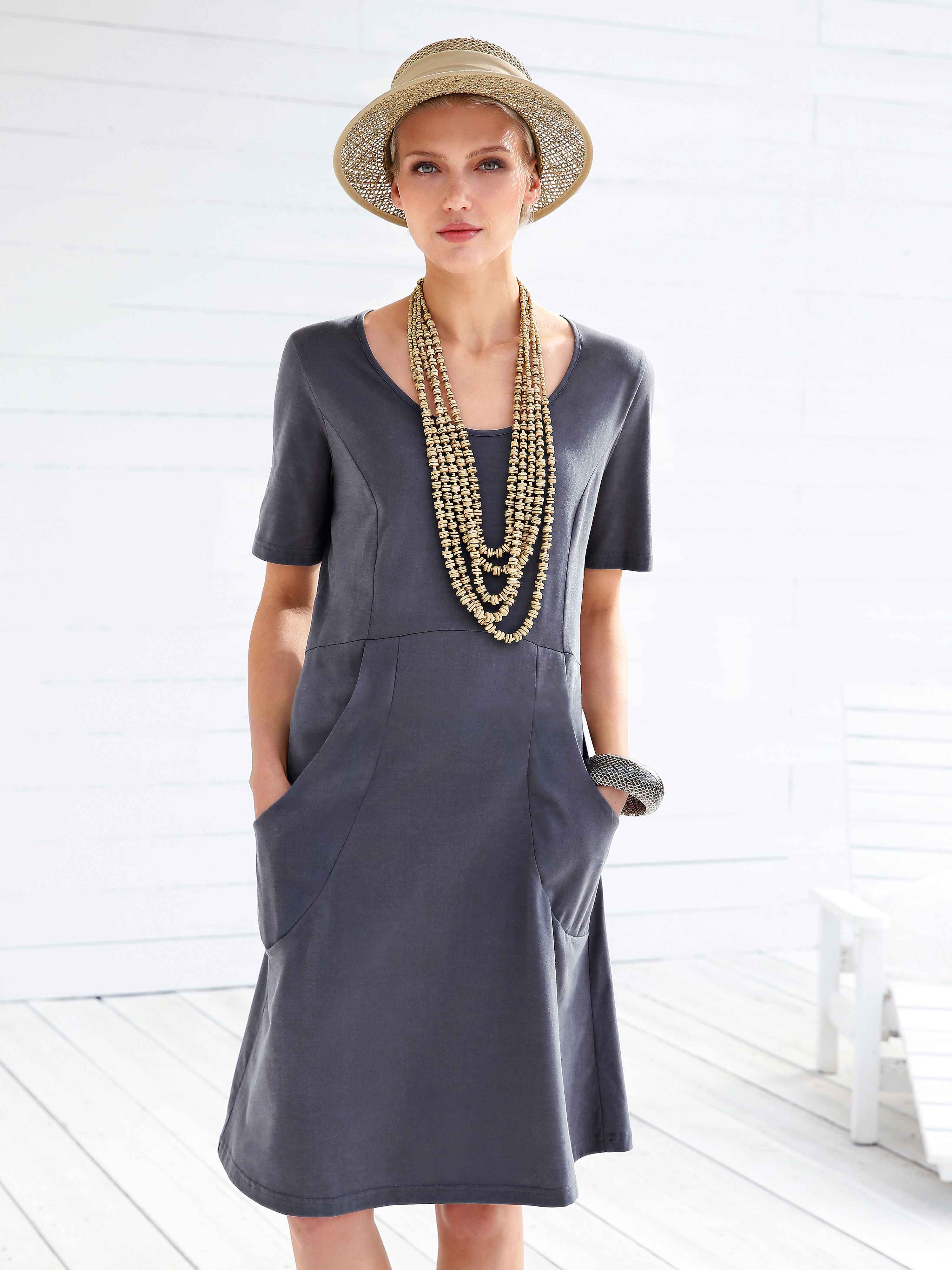 Image of Dress with 1/2-length sleeves Green Cotton grey size: 18
