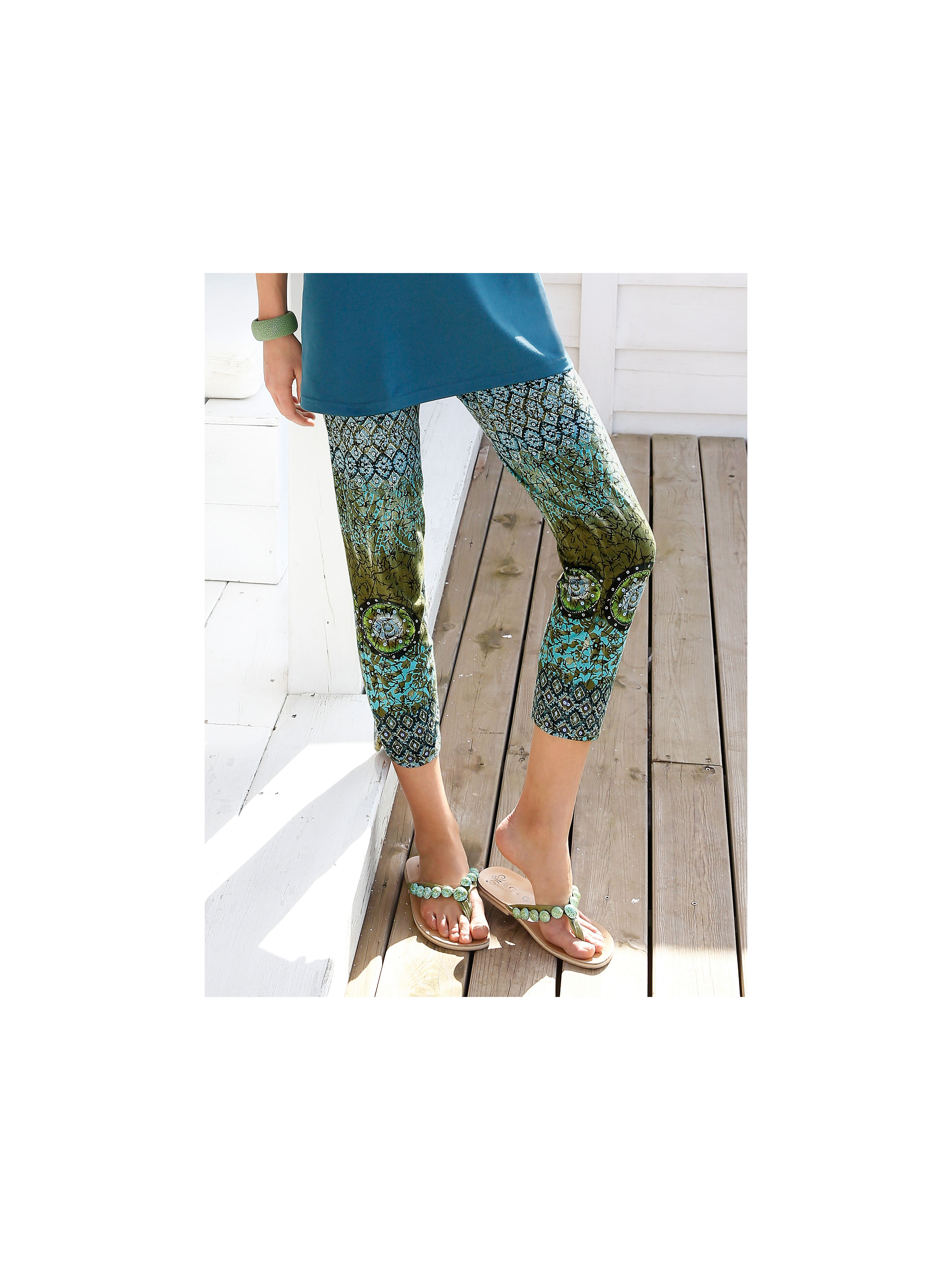 Image of 7/8-length slip-on trousers Green Cotton turquoise