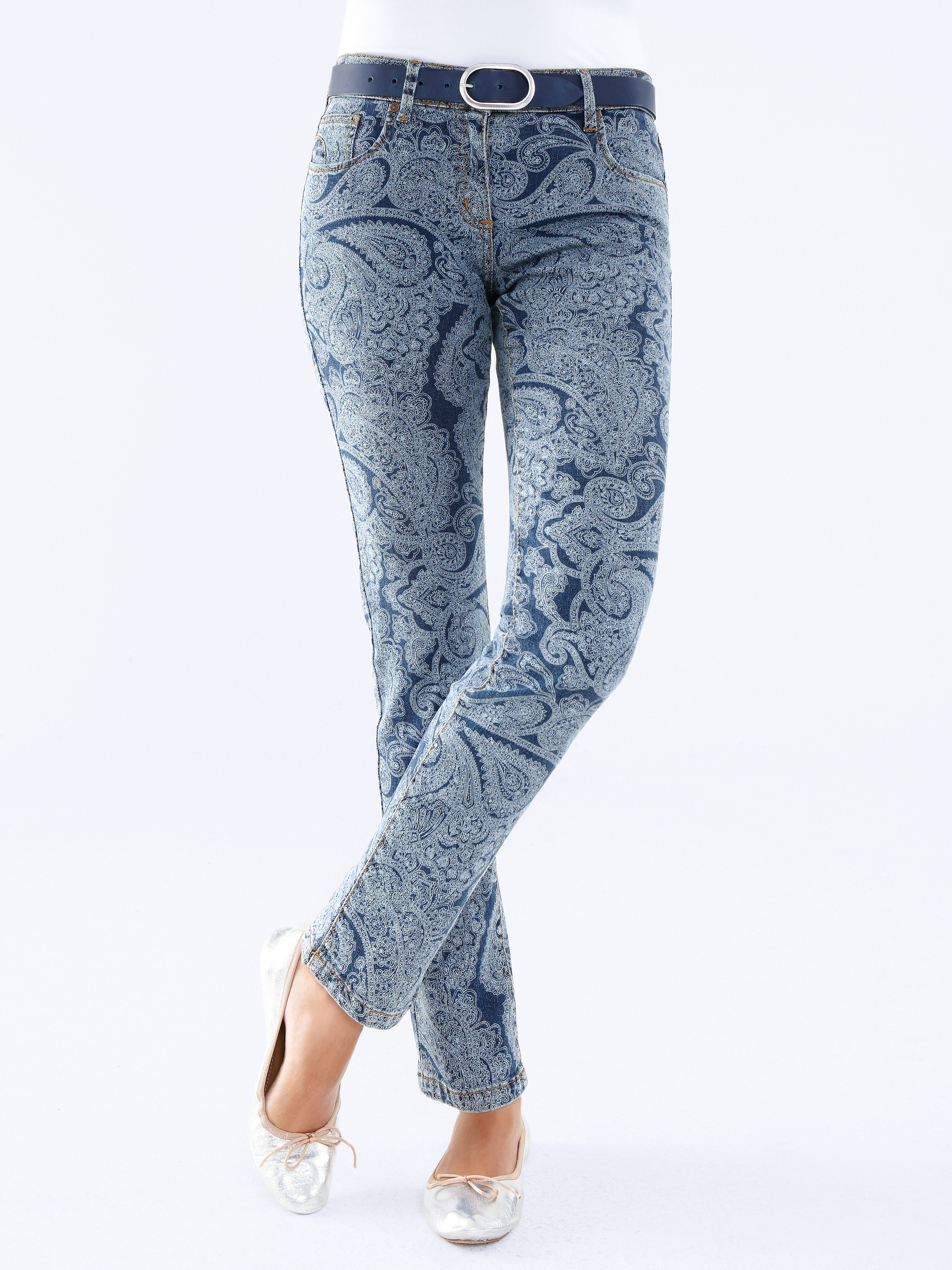 Image of 5-pocket jeans with pretty paisley print Peter Hahn blue