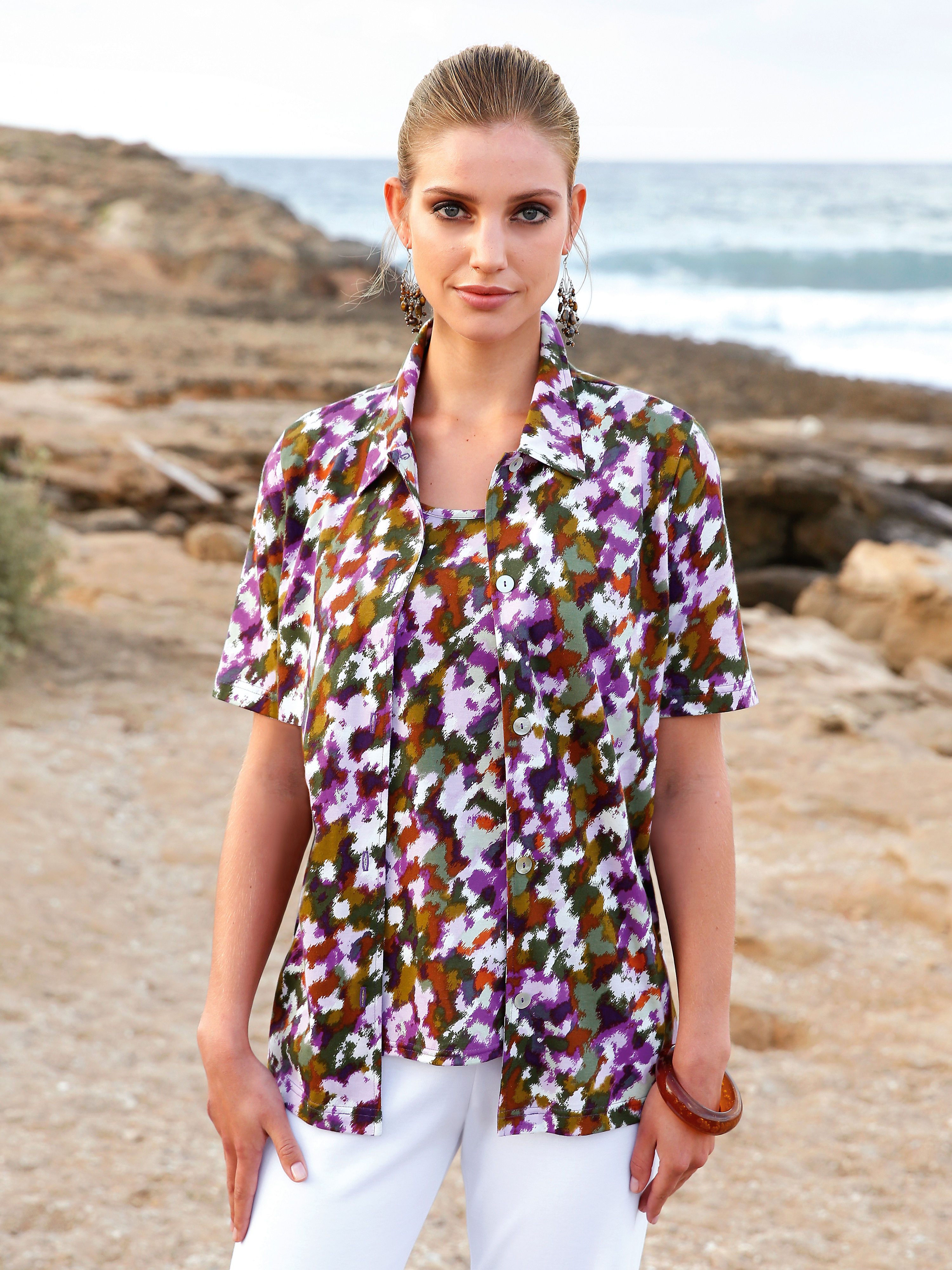 Image of Jersey blouse with 1/2-length sleeves Green Cotton multicoloured size: 14
