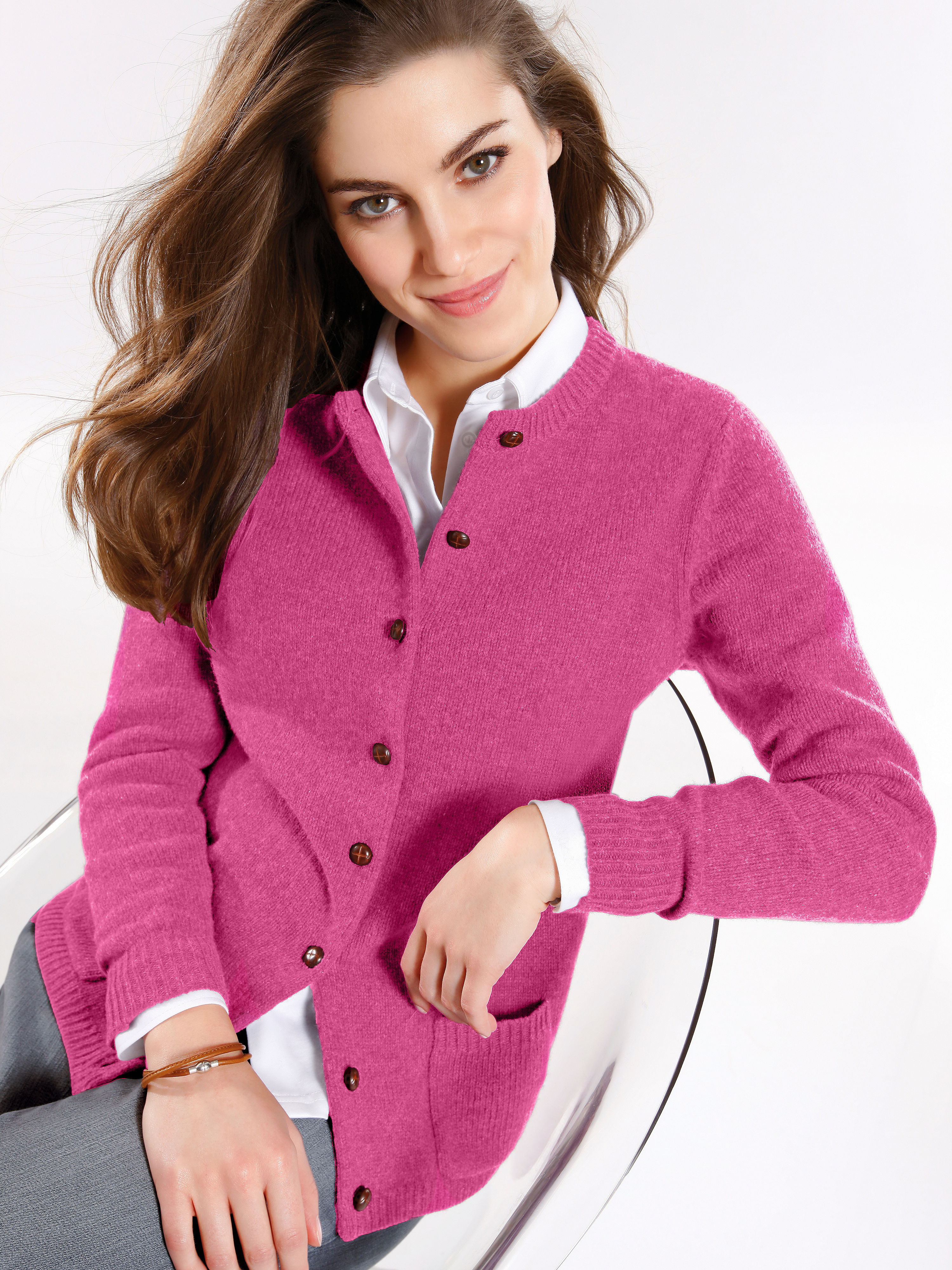 Image of Cardigan in 100% new milled wool Peter Hahn bright pink size: 14