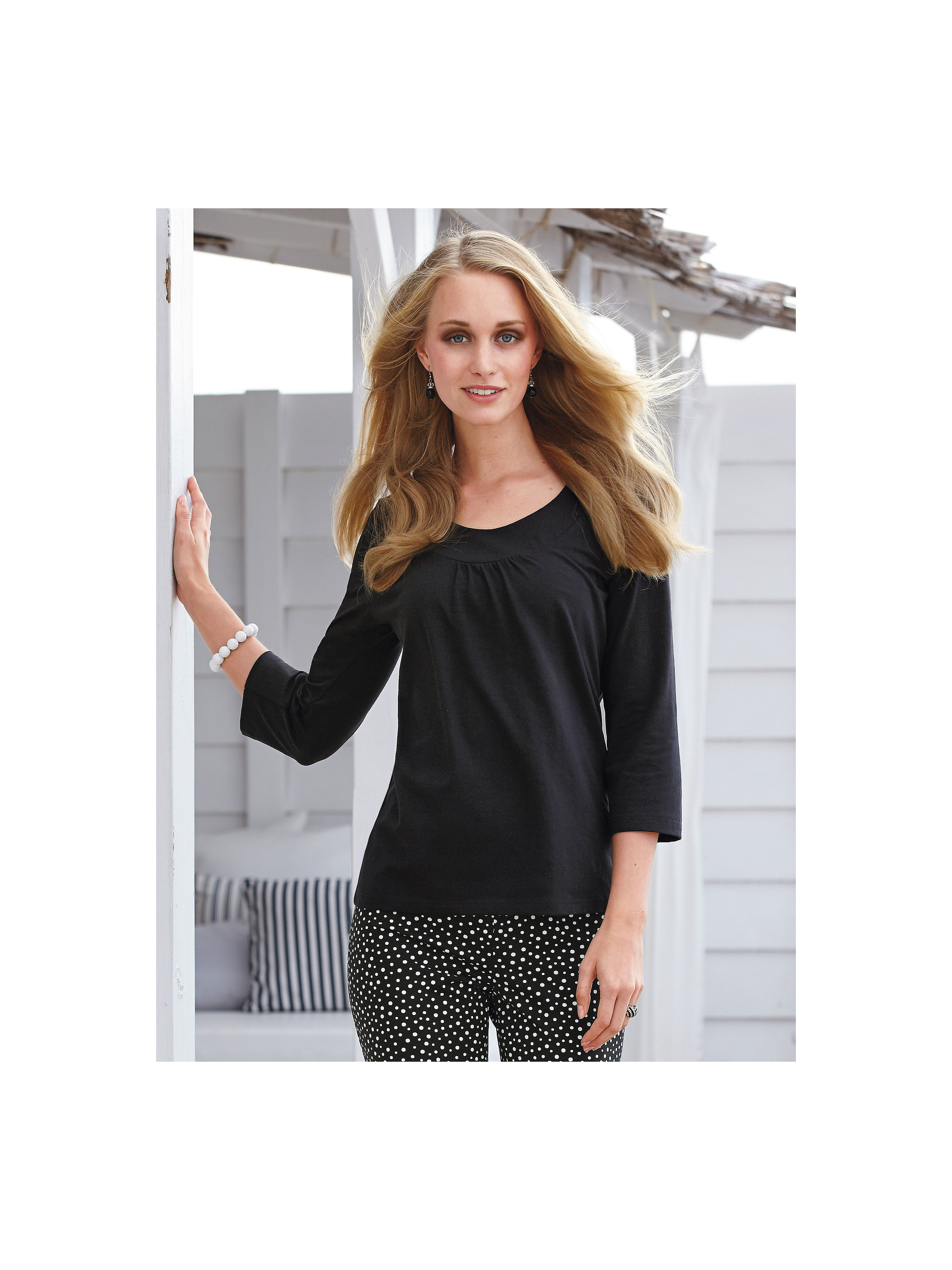 Image of Unicoloured top with 3/4-length sleeves Green Cotton black