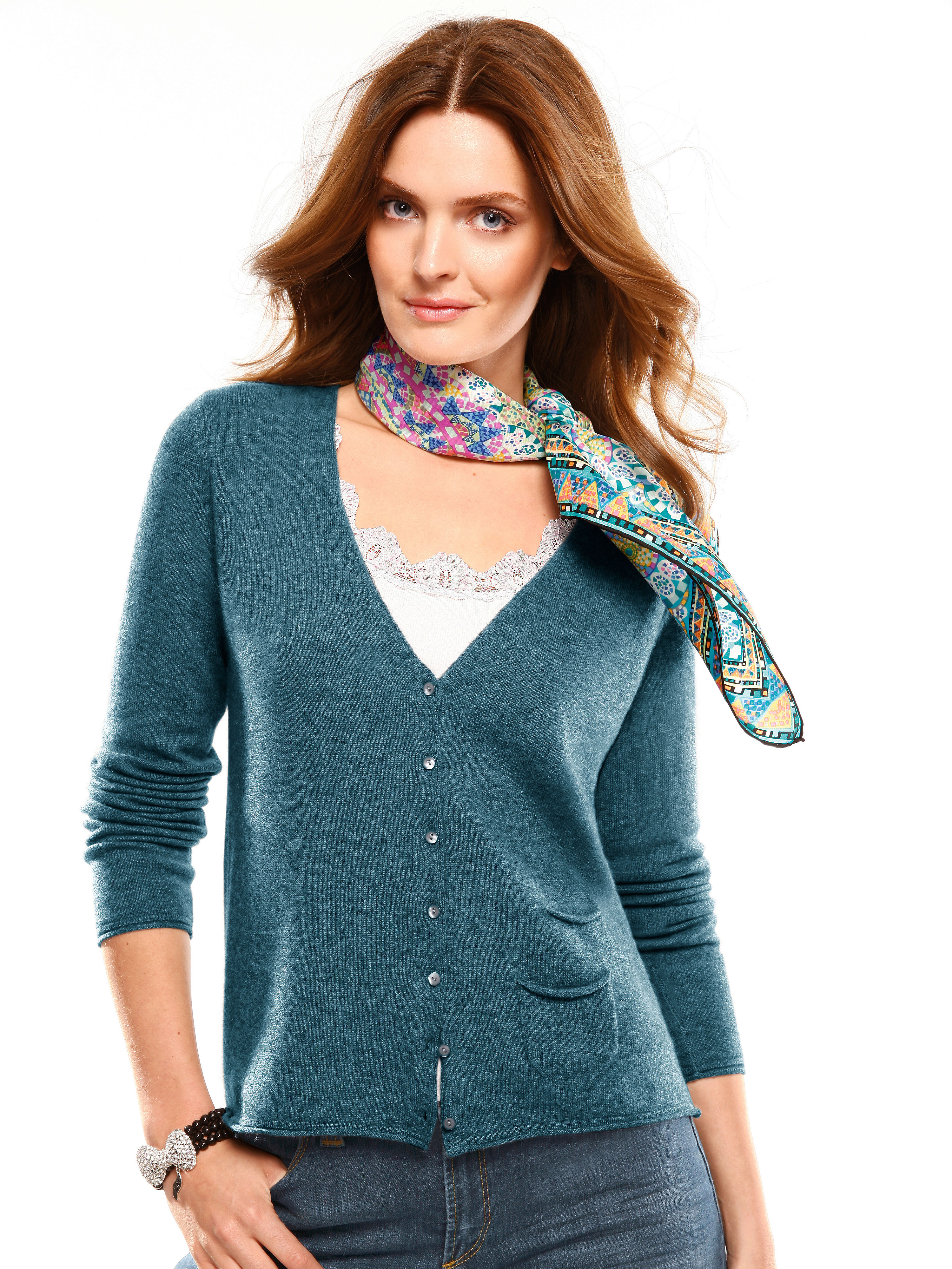 Image of Cardigan in 100% cashmere cashmere turquoise