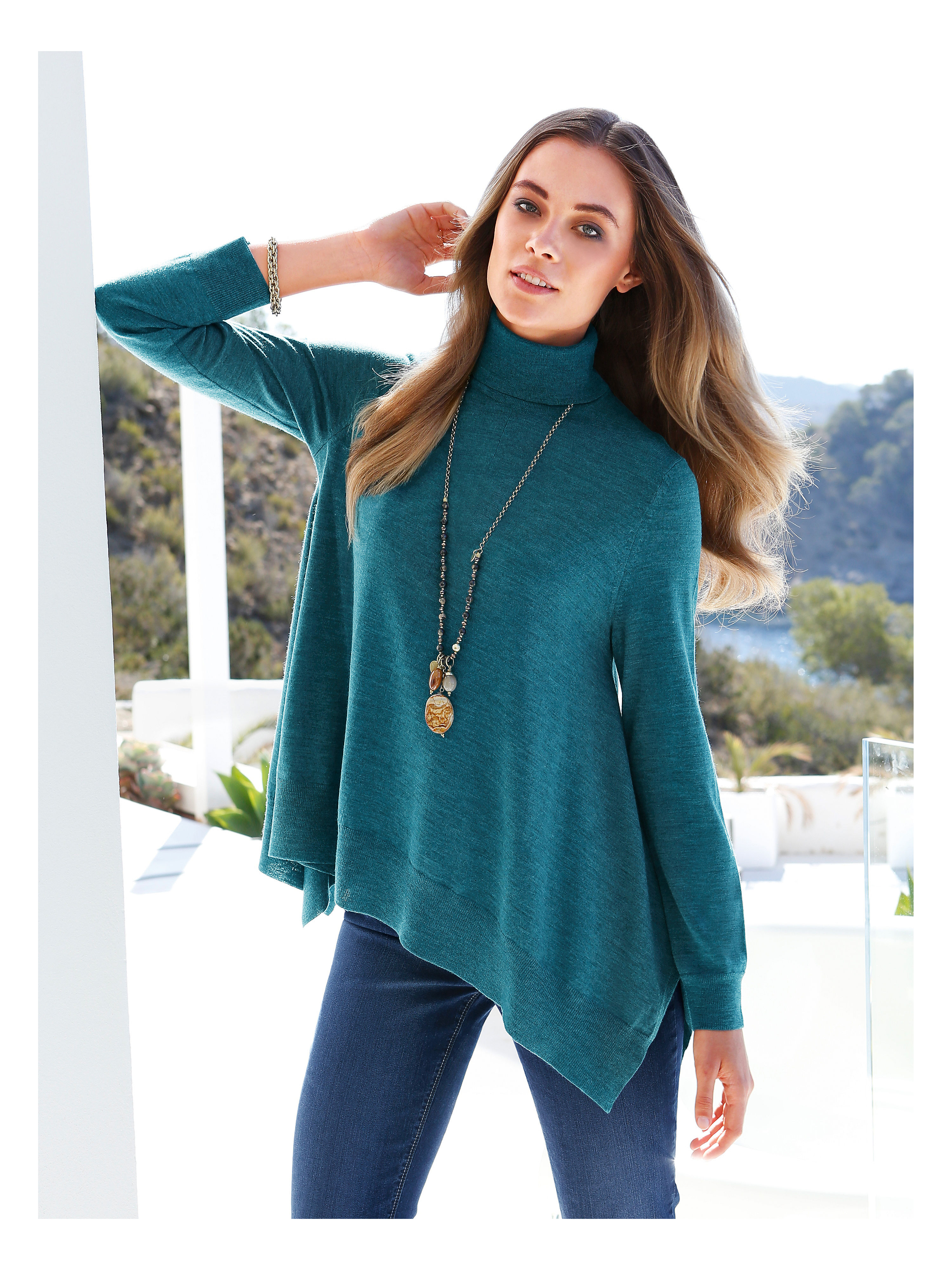 Image of Polo neck jumper in 100% new milled wool Peter Hahn blue