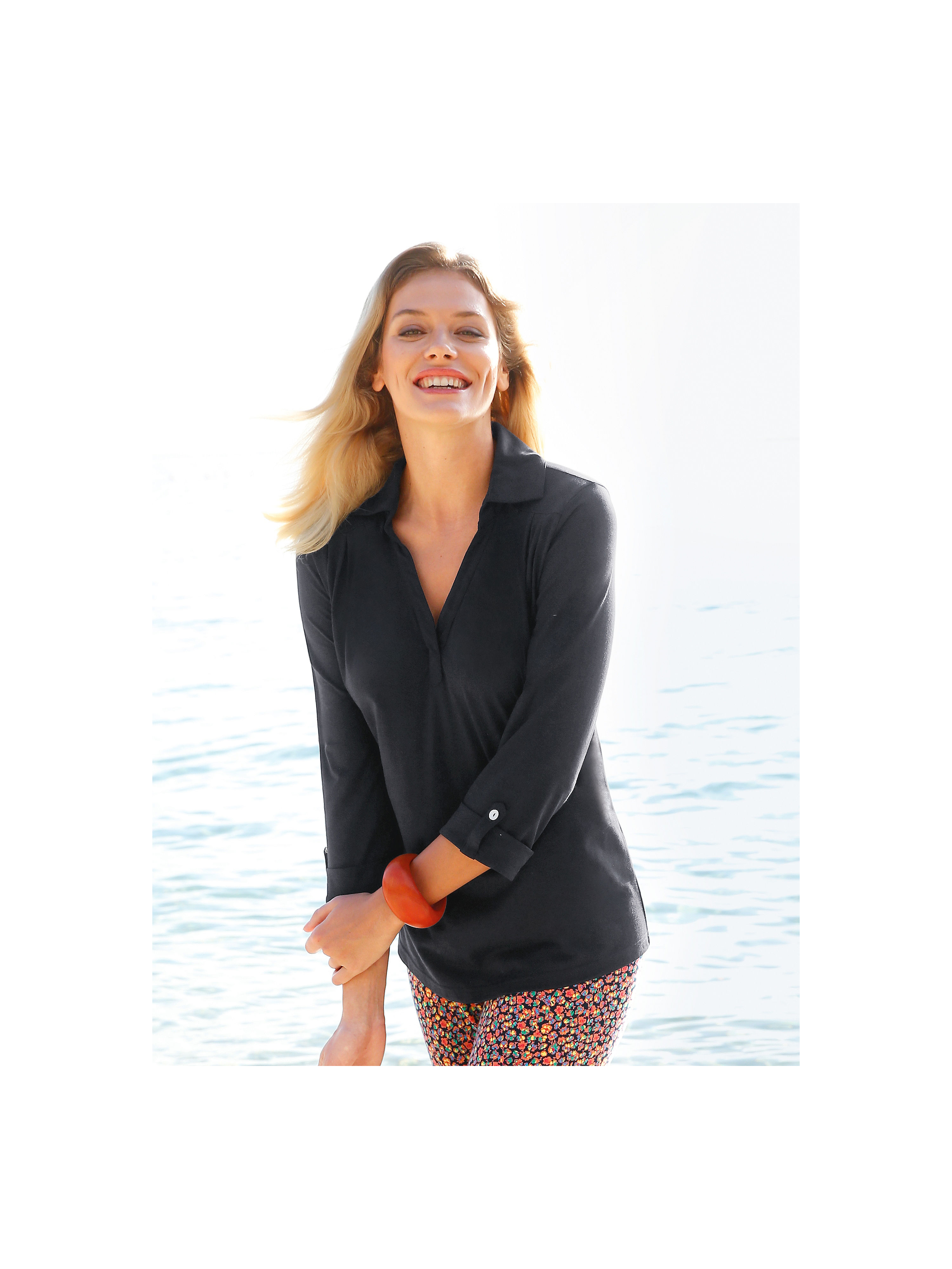 Image of Polo shirt with 3/4-length sleeves Green Cotton black