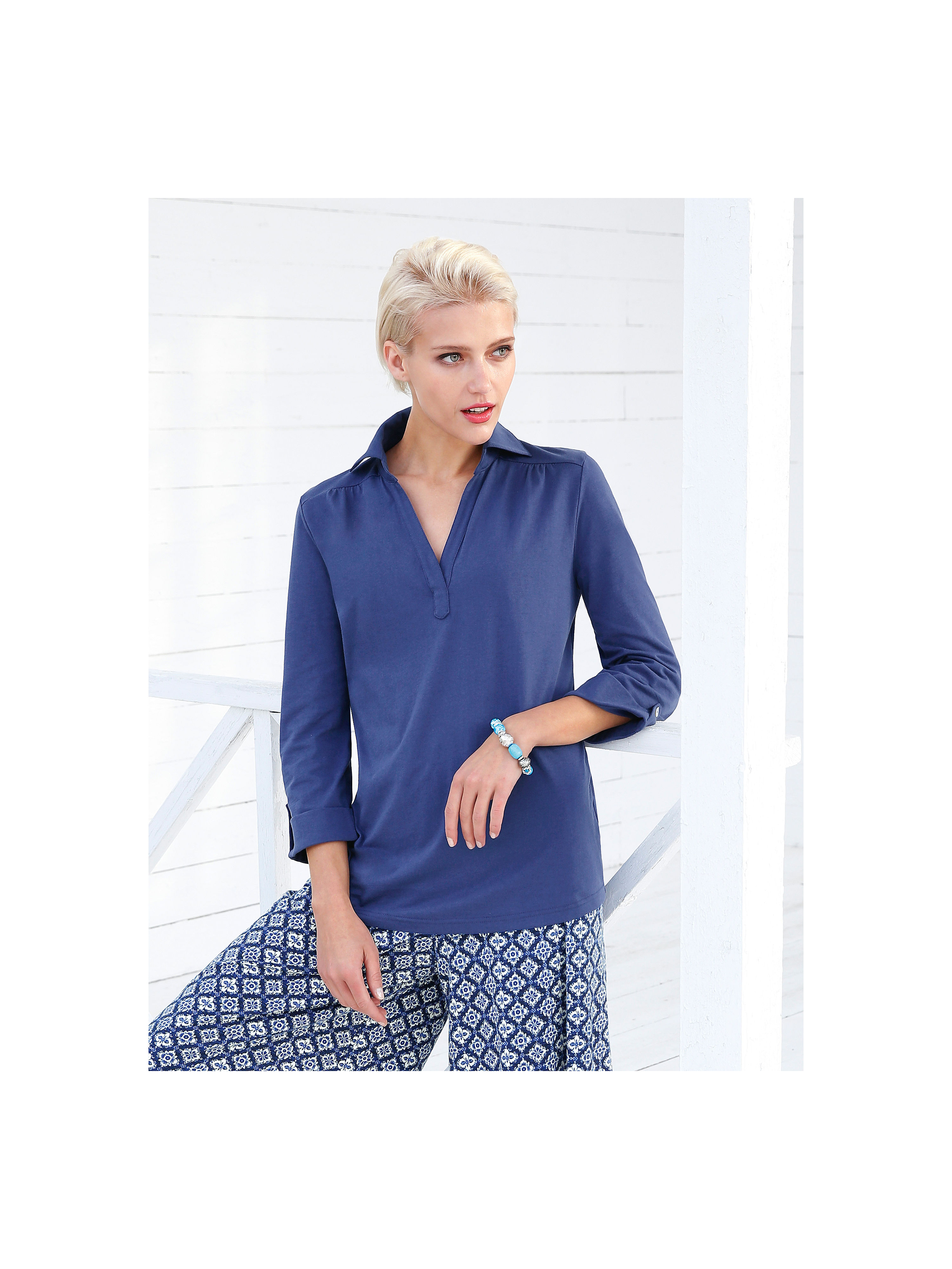 Image of Polo shirt with 3/4-length sleeves Green Cotton blue