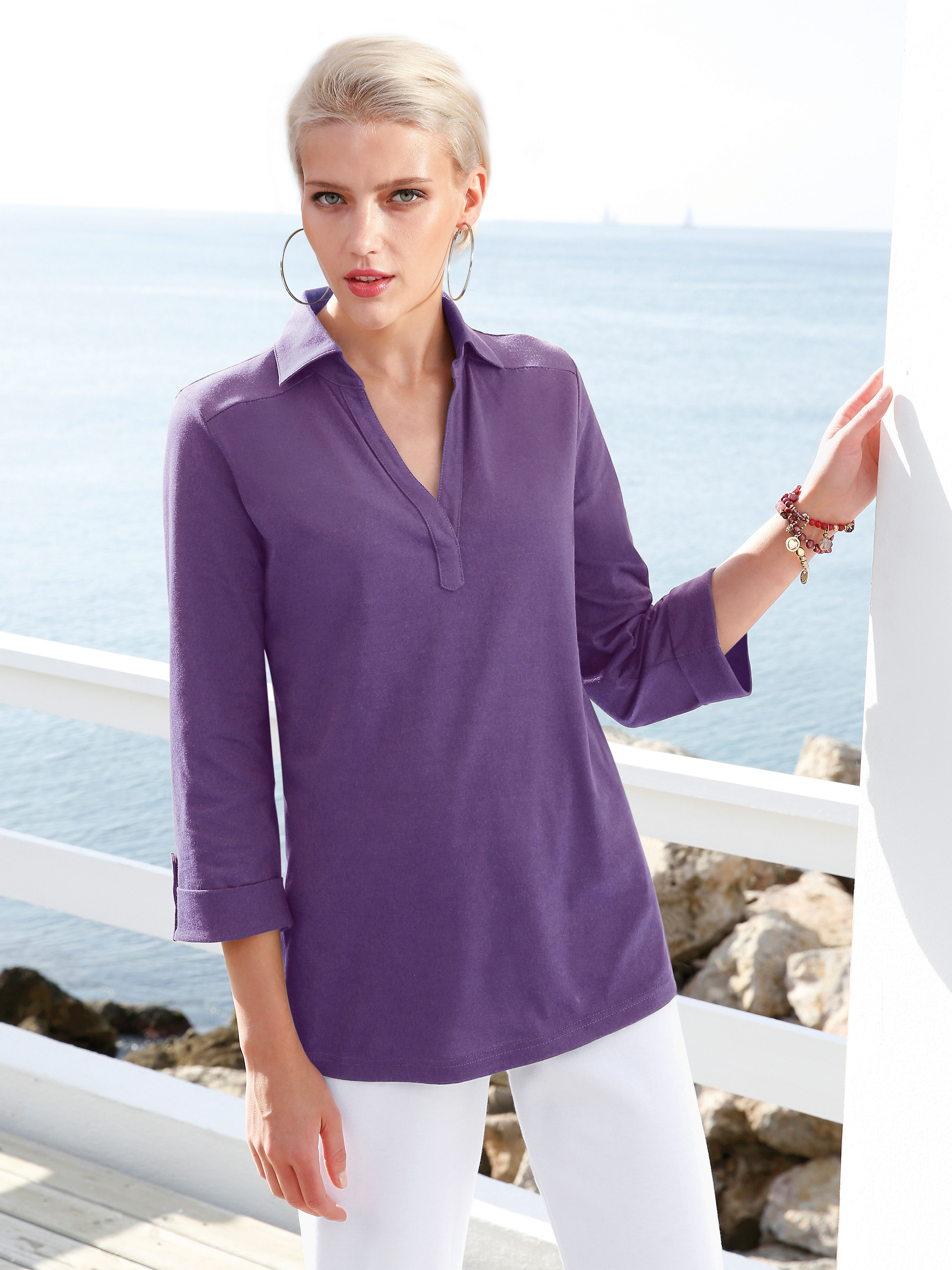 Image of Polo shirt with 3/4-length sleeves Green Cotton purple