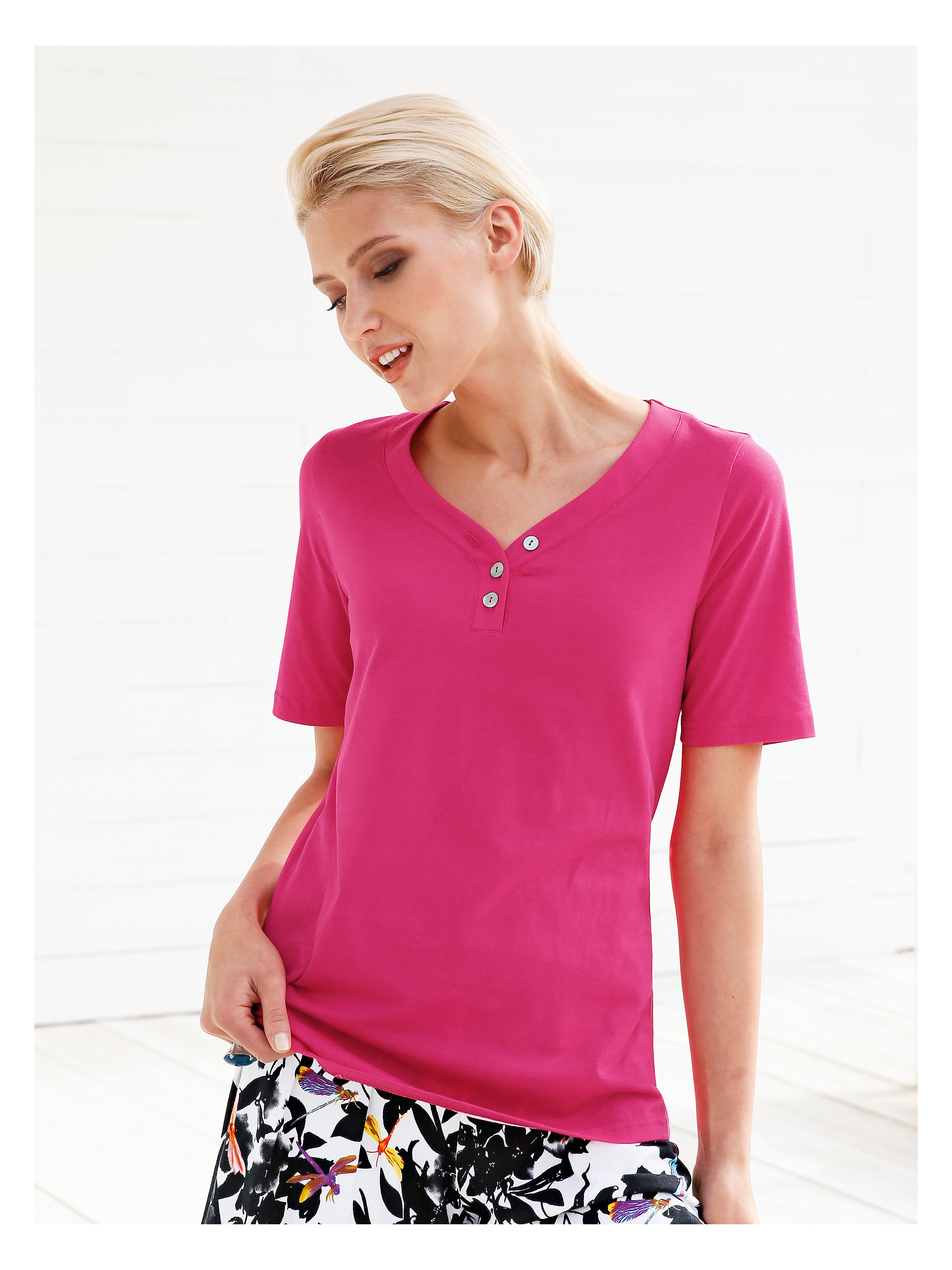 Image of Top with 1/2-length sleeves Green Cotton bright pink