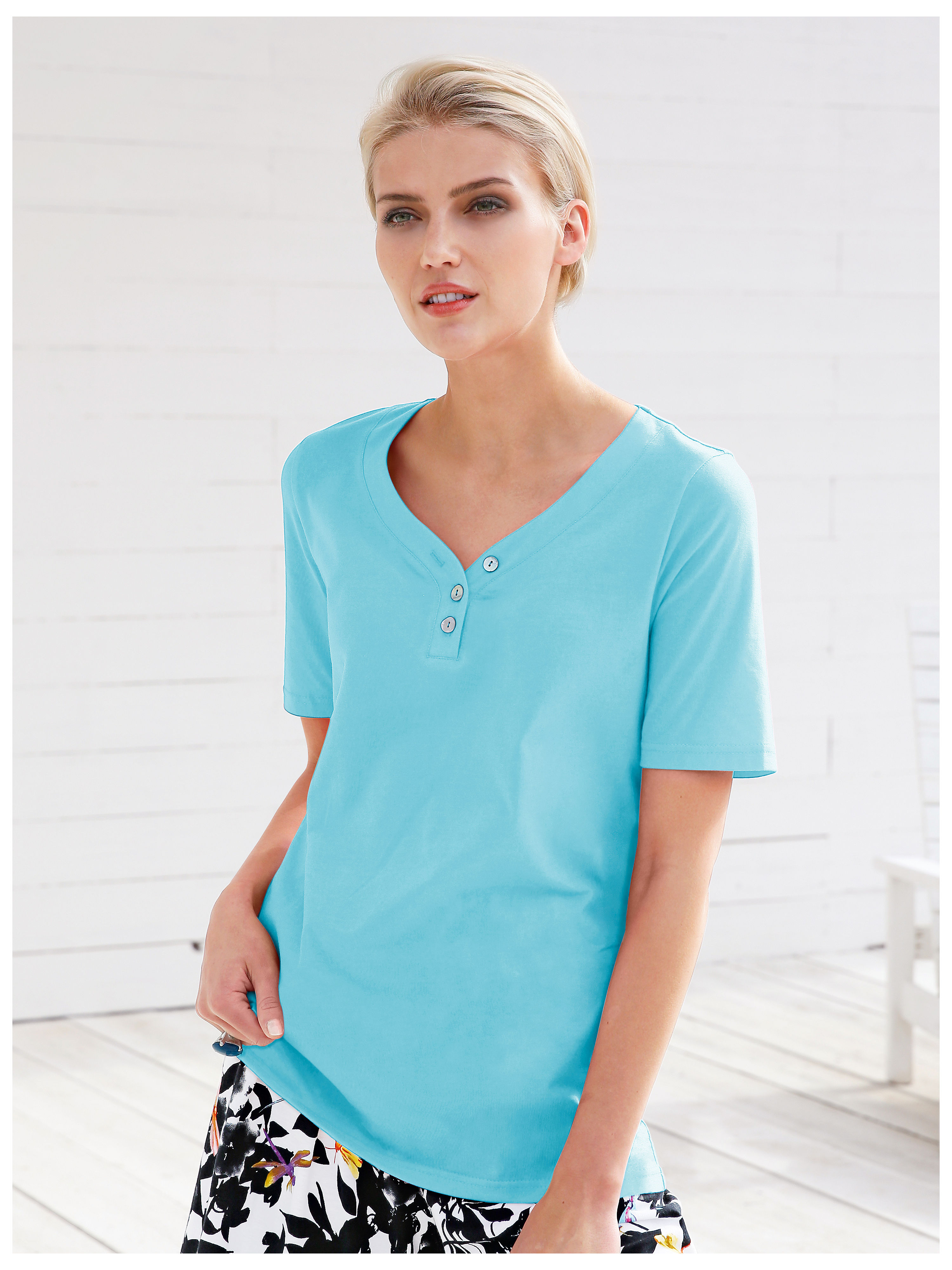 Image of Top with 1/2-length sleeves Green Cotton turquoise
