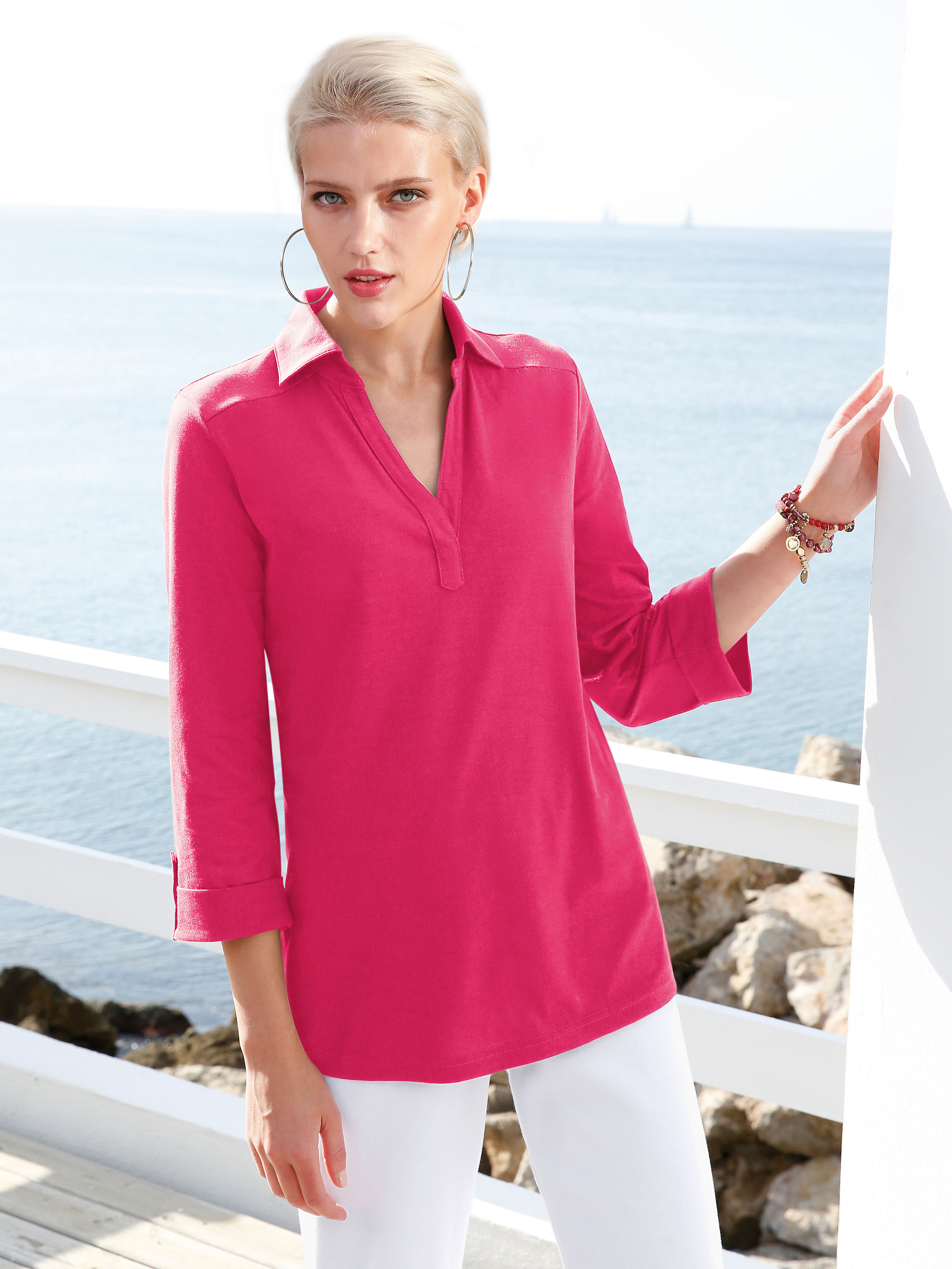 Image of Polo shirt with 3/4-length sleeves Green Cotton bright pink