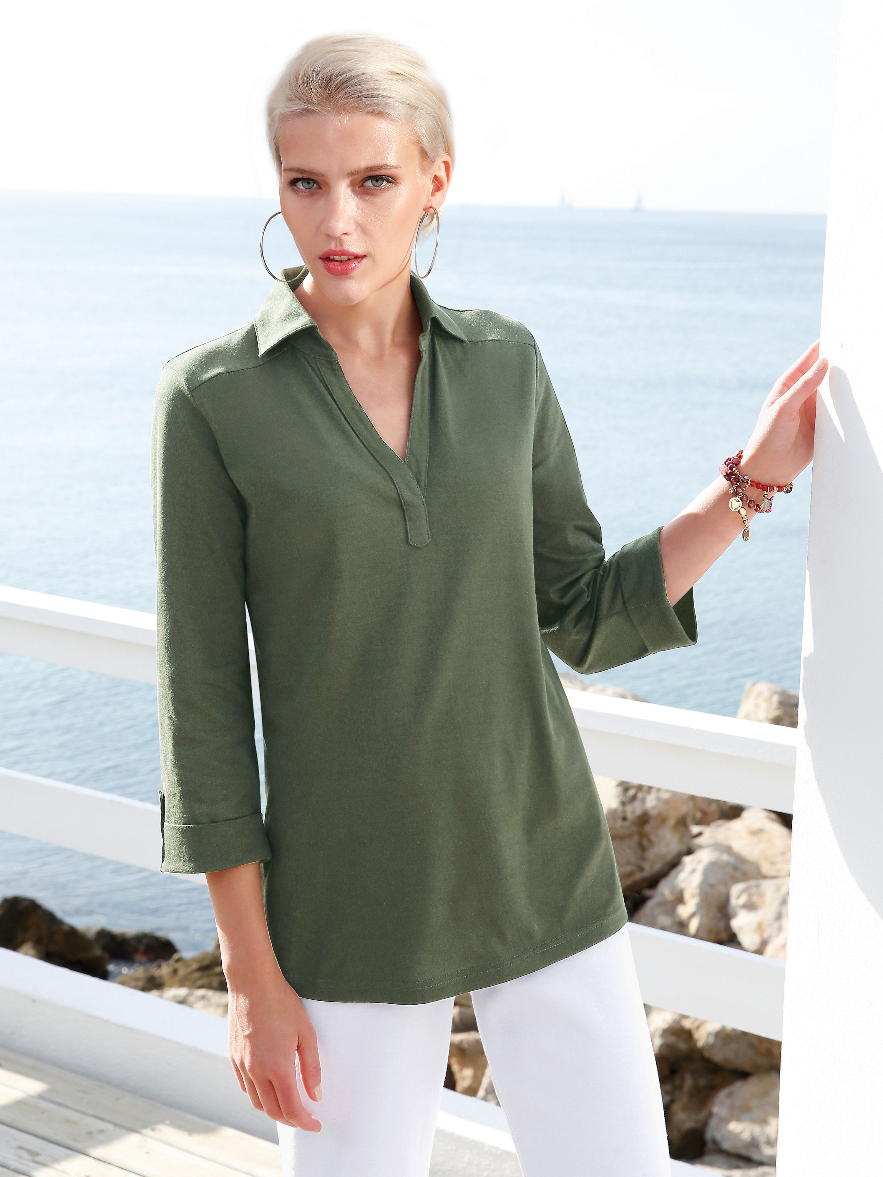Image of Polo shirt with 3/4-length sleeves Green Cotton green