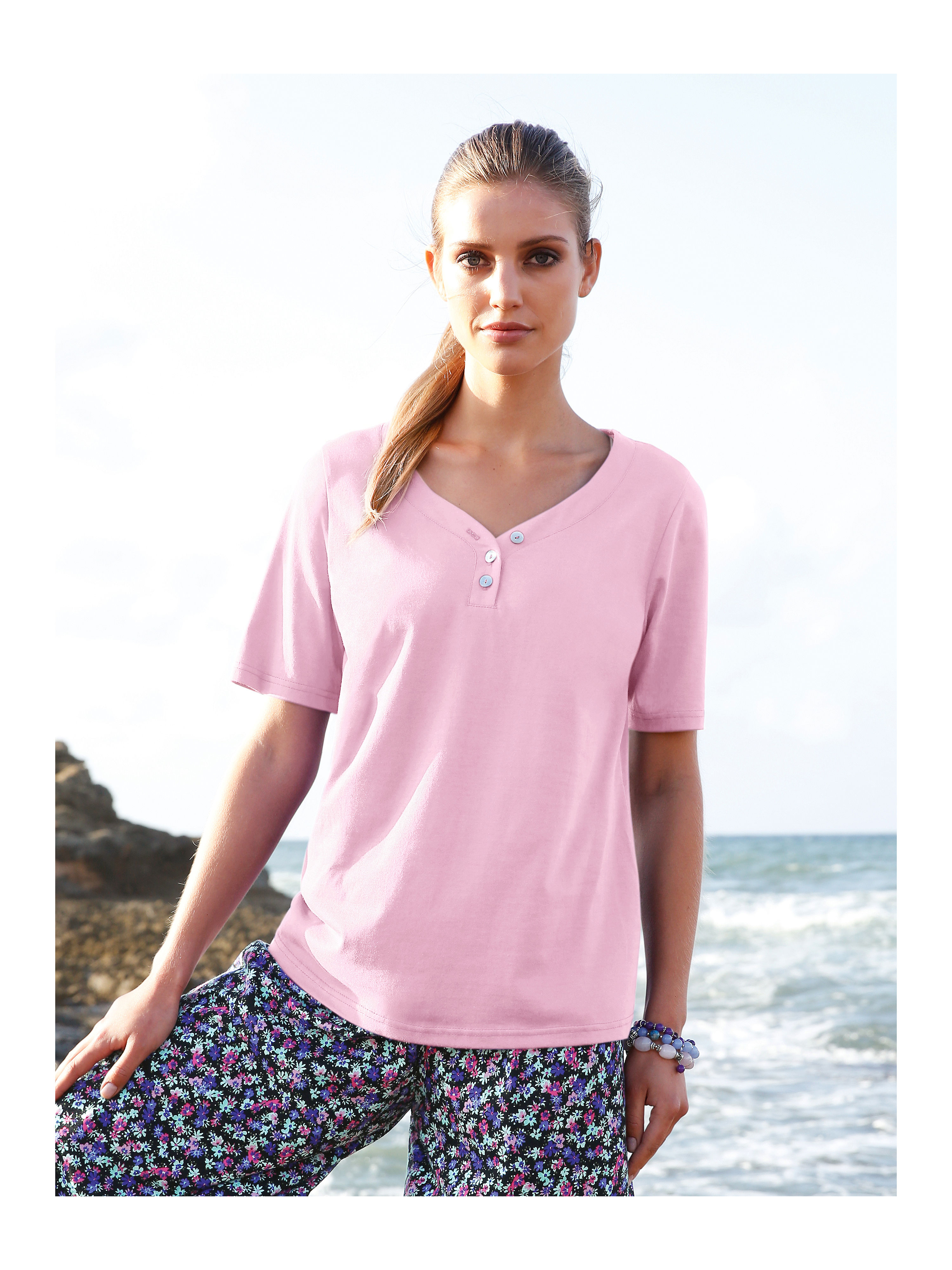 Image of Top with 1/2-length sleeves Green Cotton pale pink