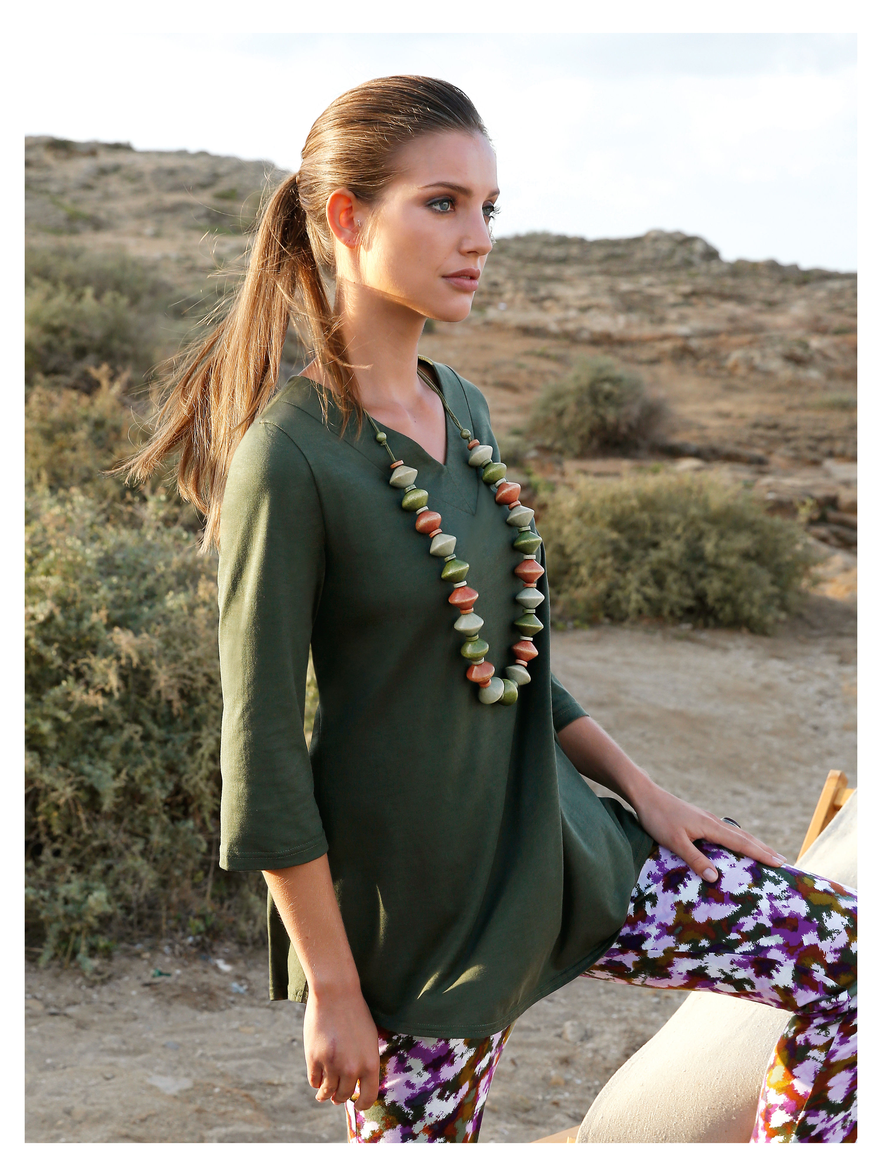 Image of Top with 3/4-length sleeves Green Cotton green