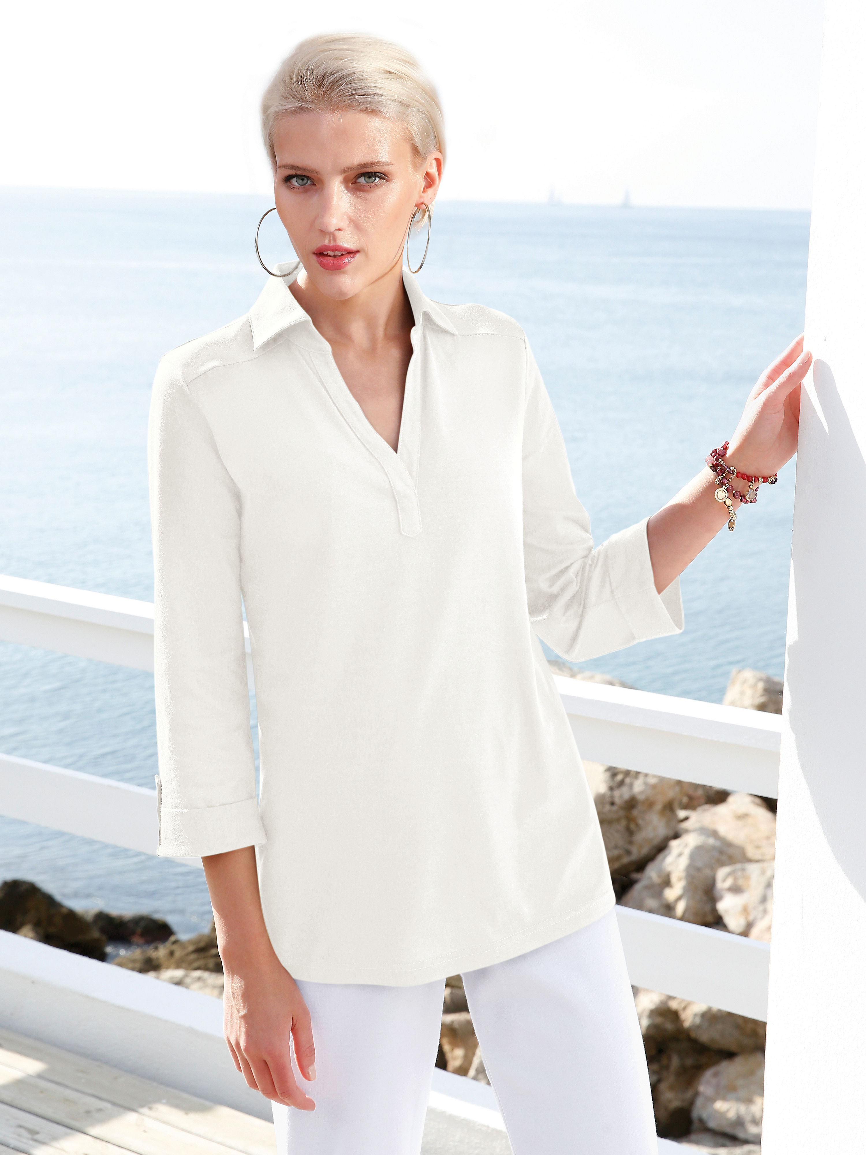 Image of Polo shirt with 3/4-length sleeves Green Cotton white size: 12