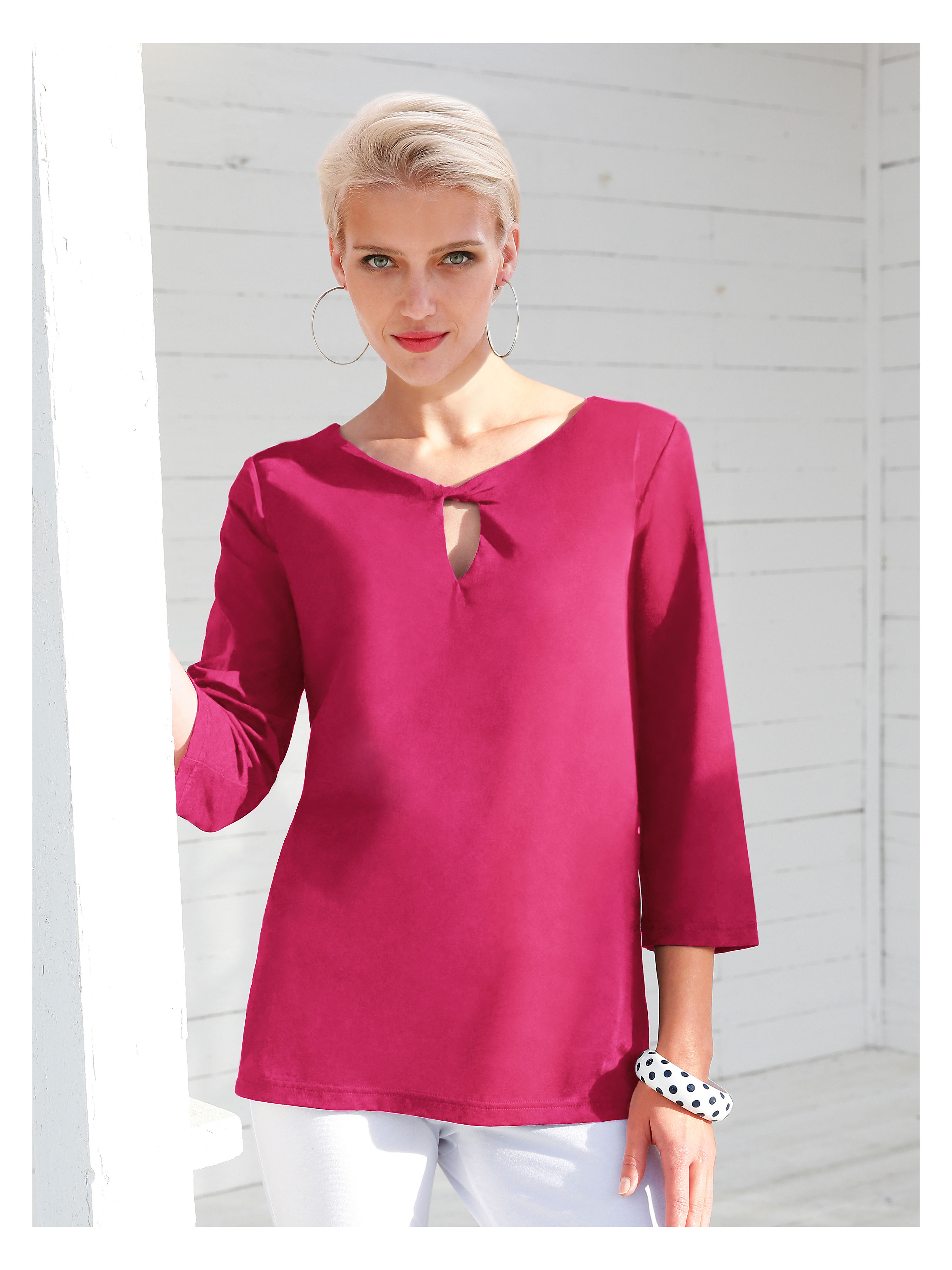 Image of Top with 3/4-length sleeves Green Cotton bright pink