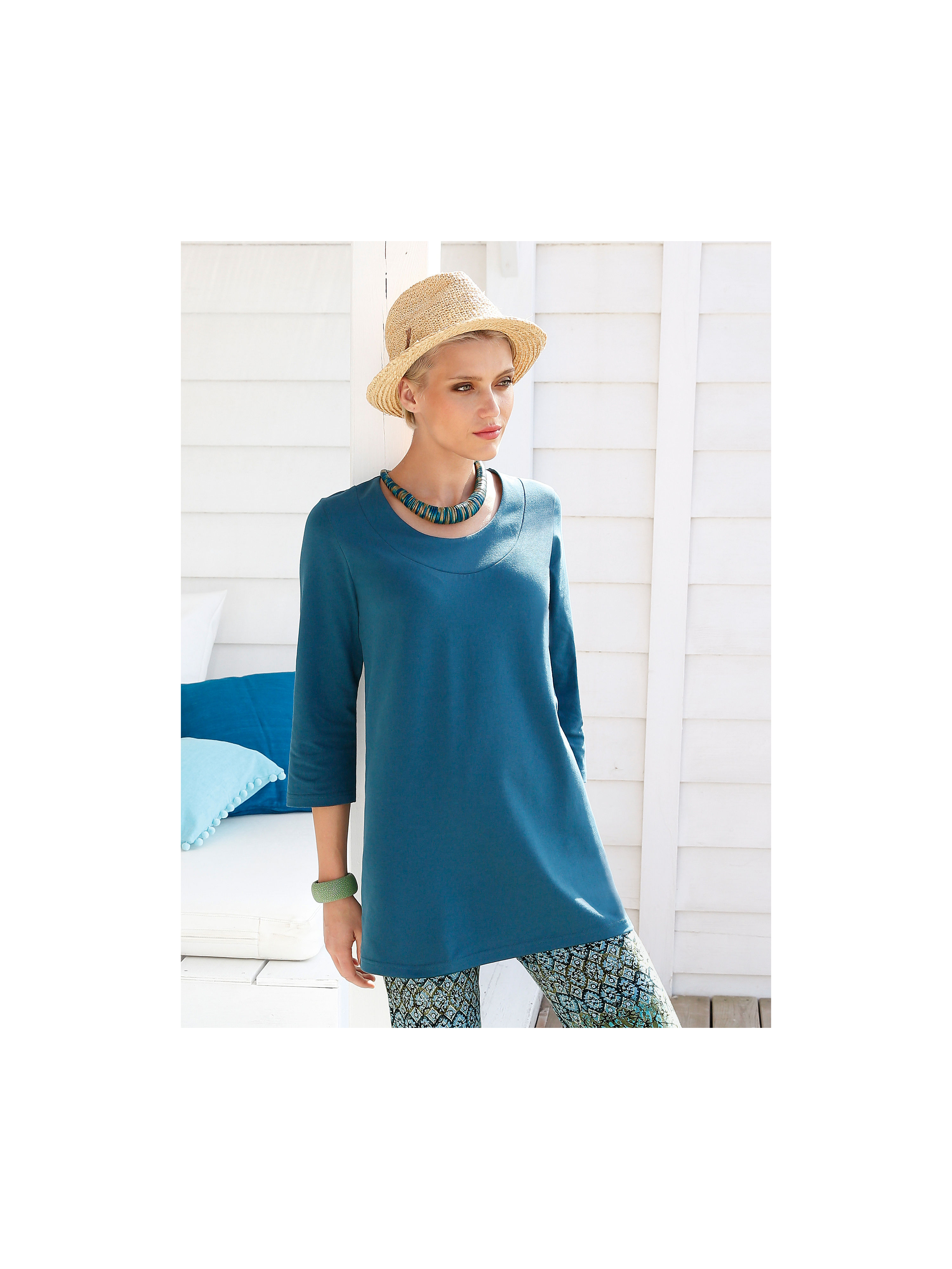 Image of Long top with 3/4-length sleeves Green Cotton turquoise size: 18