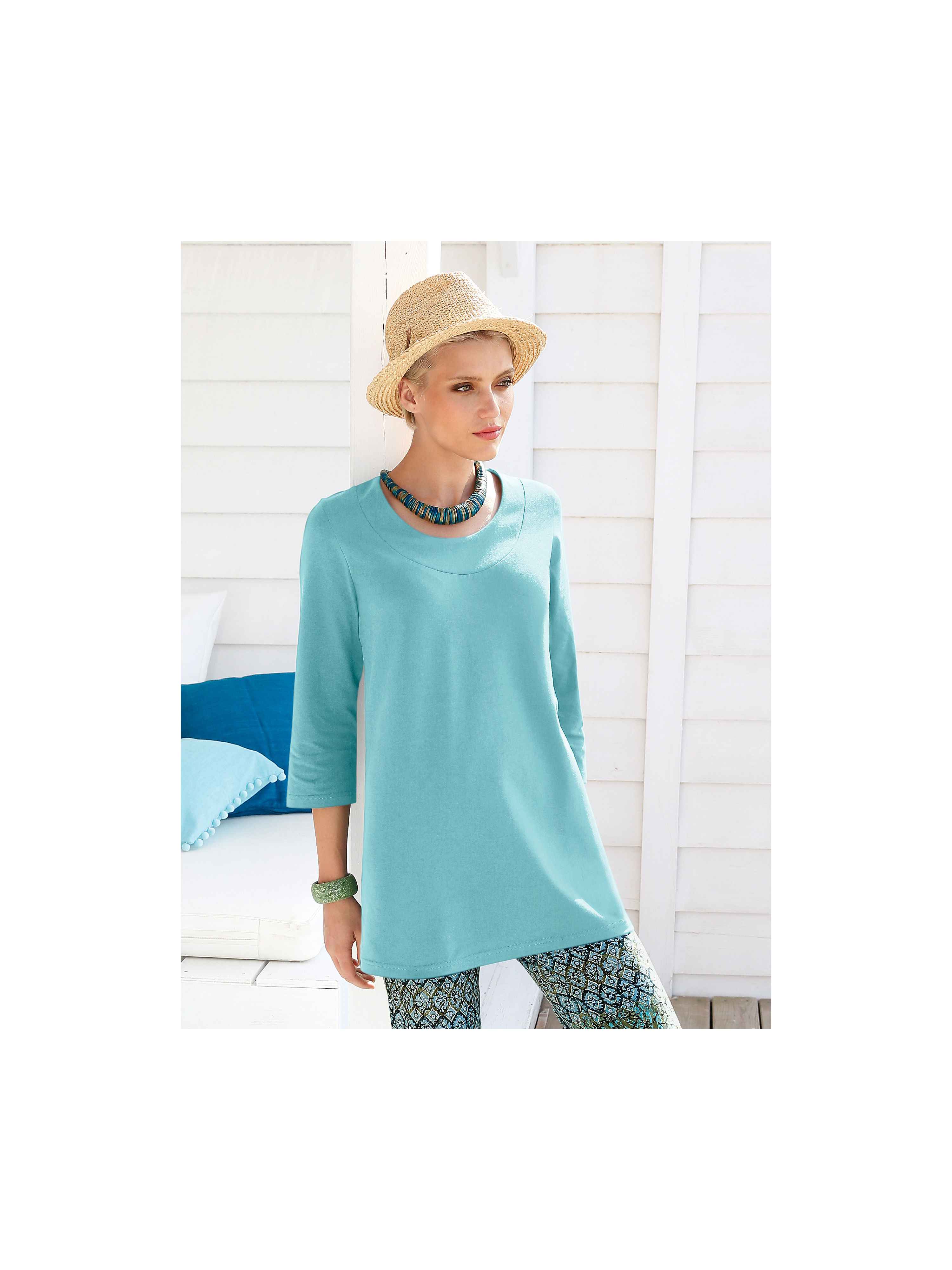 Image of Long top with 3/4-length sleeves Green Cotton turquoise